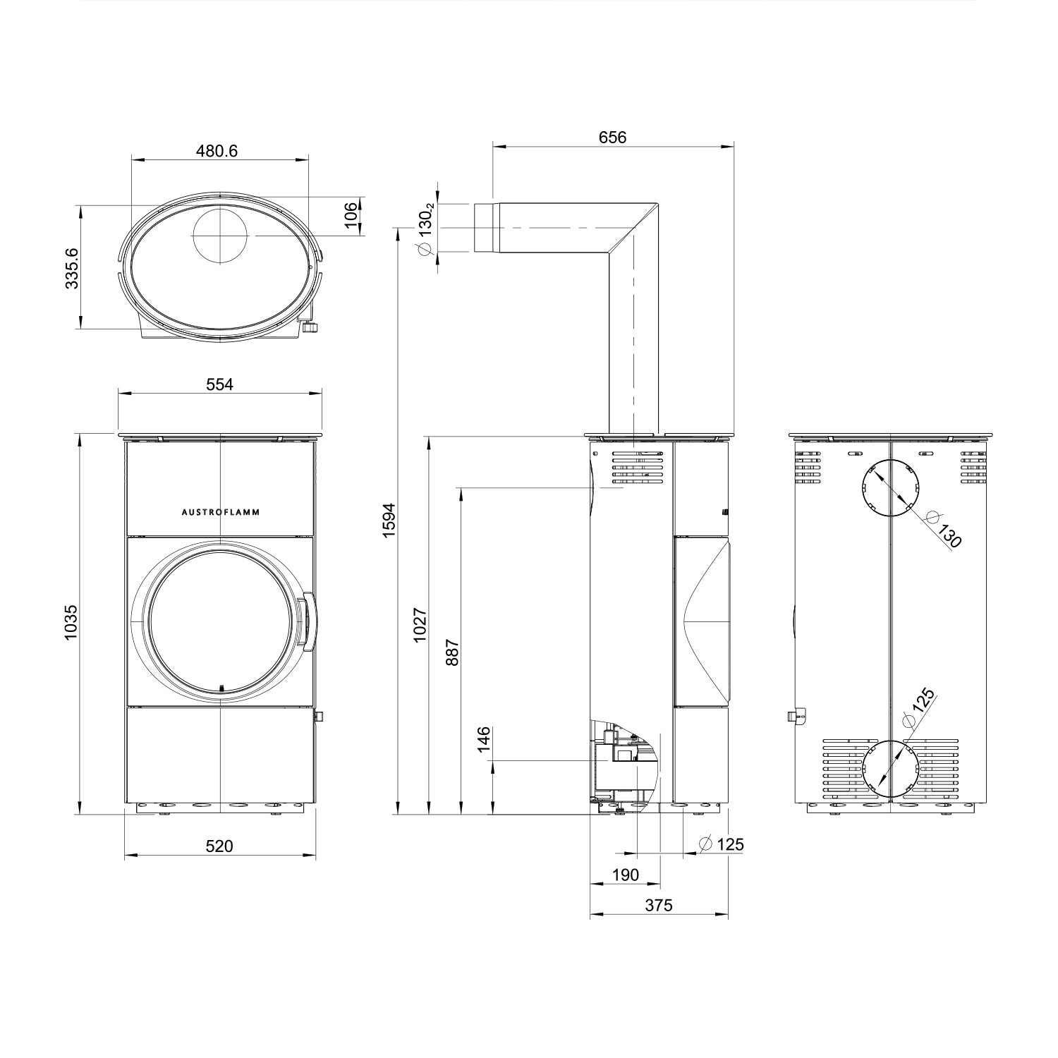 Austroflamm Clou compact Cook Kaminofen Stahl gussgrau, RR oben